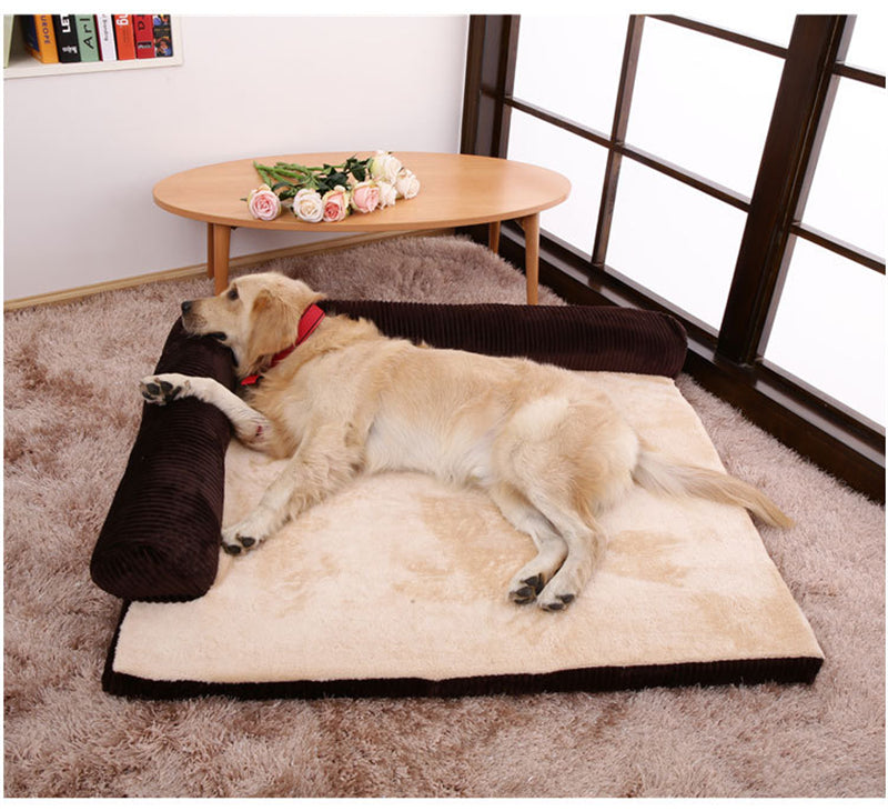 Dog laying on corduroy coffee and light brown dog bed with cushions on 2 sides. Dog resting it's head on cushion
