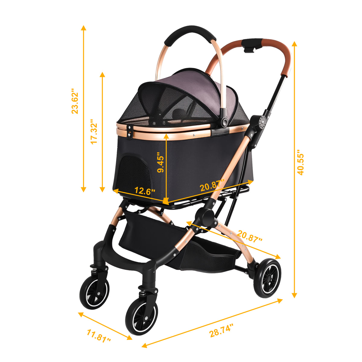 Foldable 4 Wheel Pet Stroller. Quick One-Hand Fold, Detachable Carry Basket (Brown or Black)