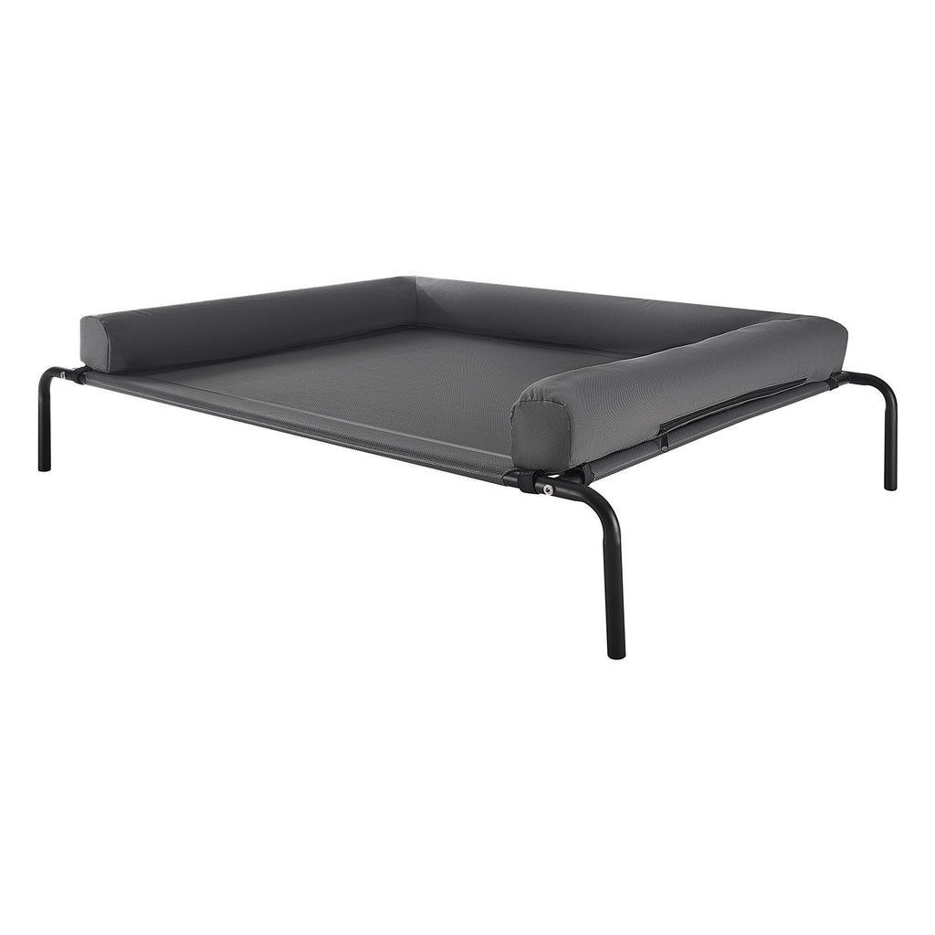 Gray elevated pet bed with black metal frame