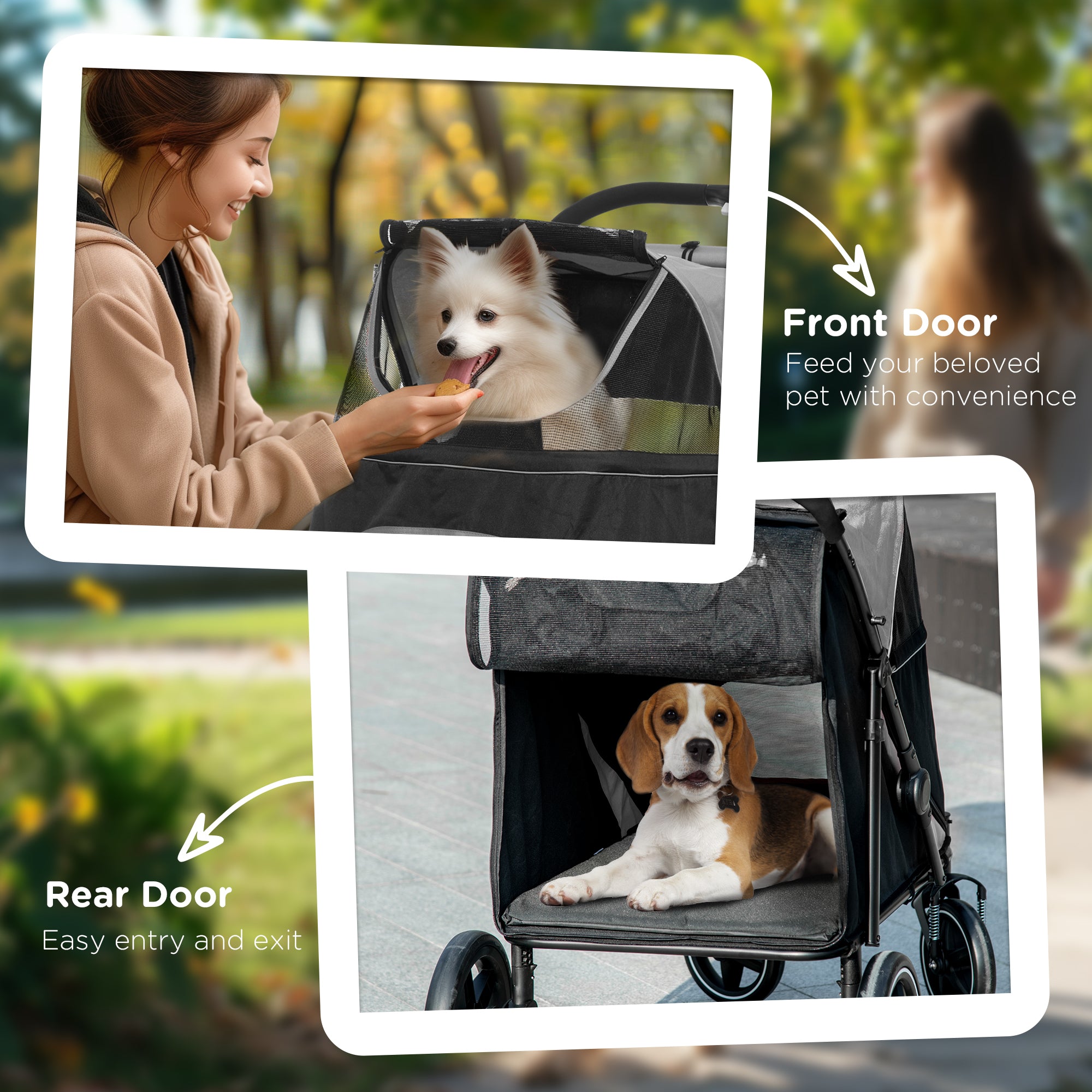 Pet stroller with front and rear doors, showing a dog inside