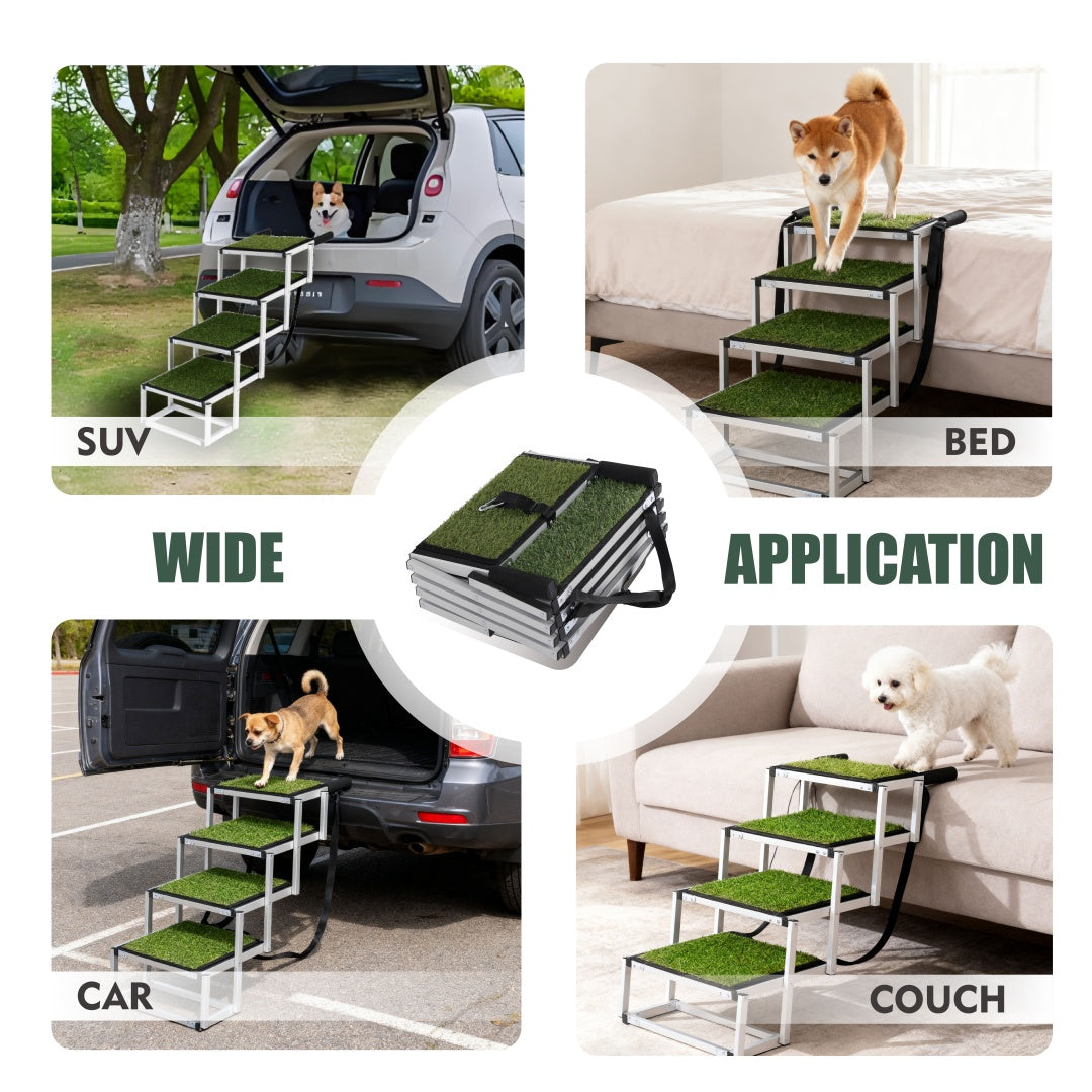 Pet steps being used to get into a car, on a bed, and on a couch.