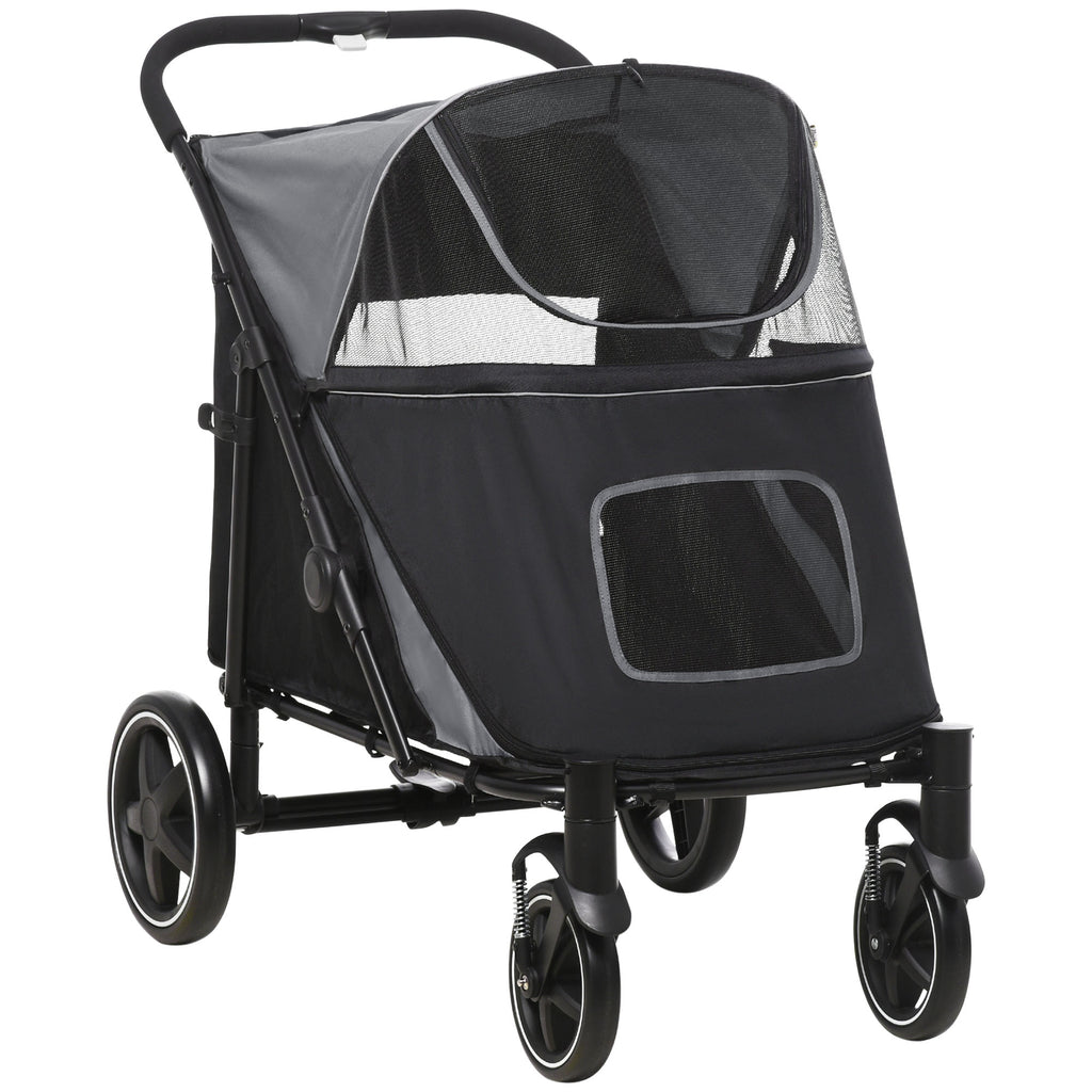 Black pet stroller with gray interior - front view