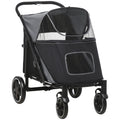 Black pet stroller with gray interior - front view