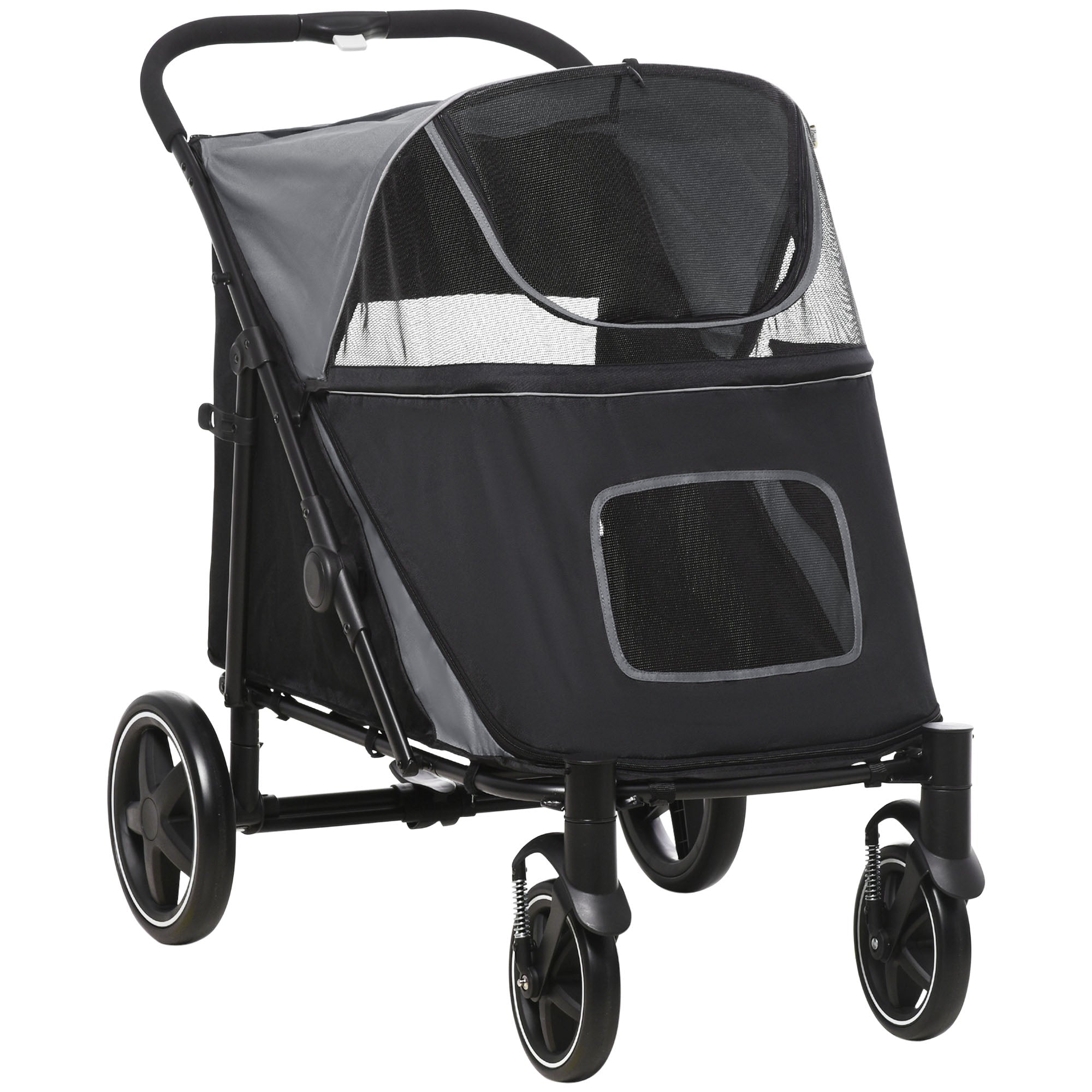 Black pet stroller with gray interior - front view
