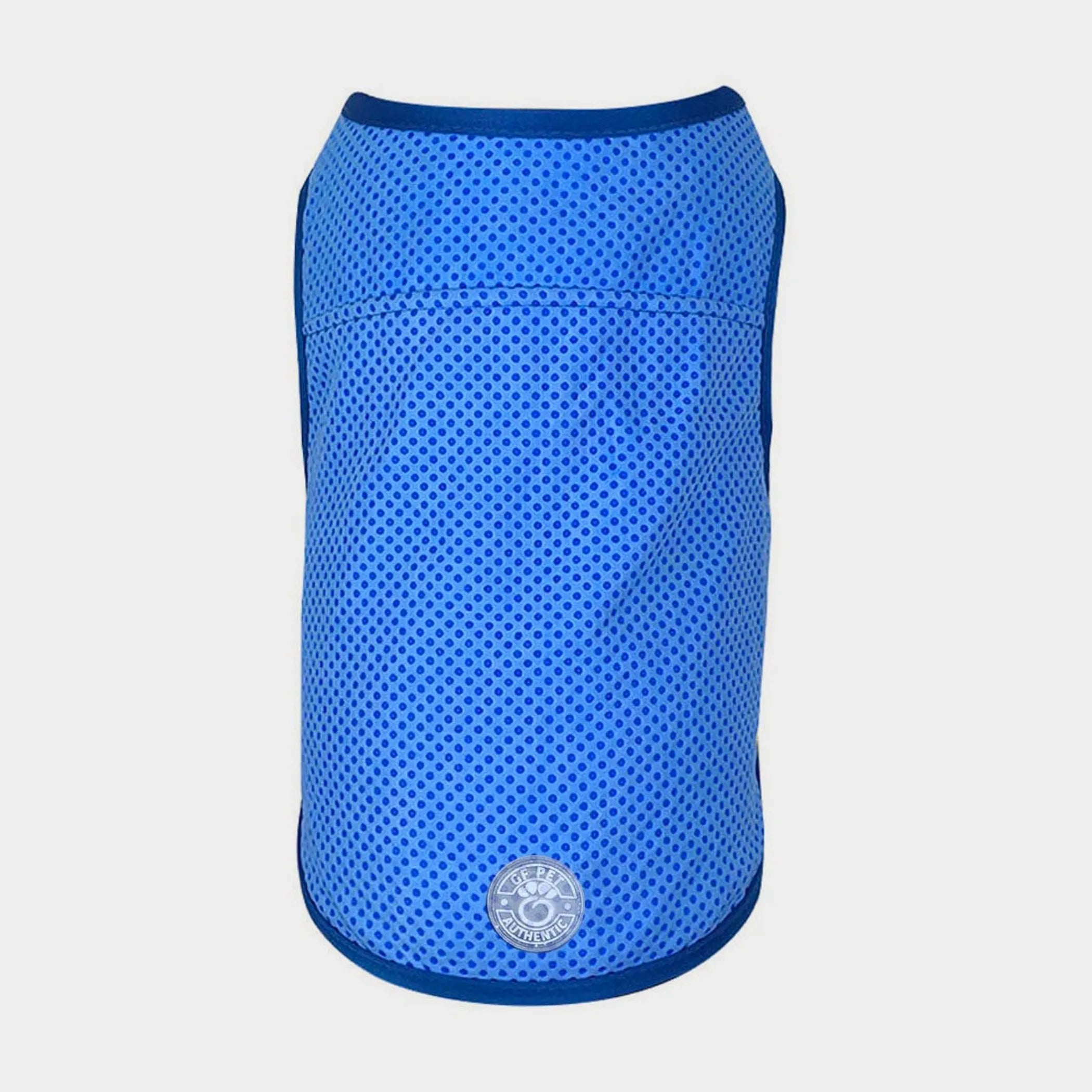 Blue pet cooling vest with a GF Pet brand logo 