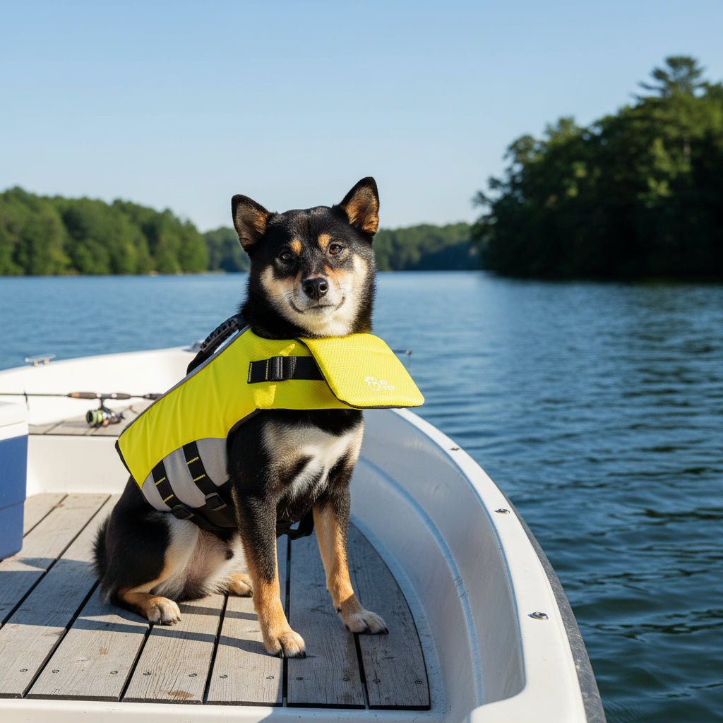 Dog wearing a yellow life vest on a boat in the water