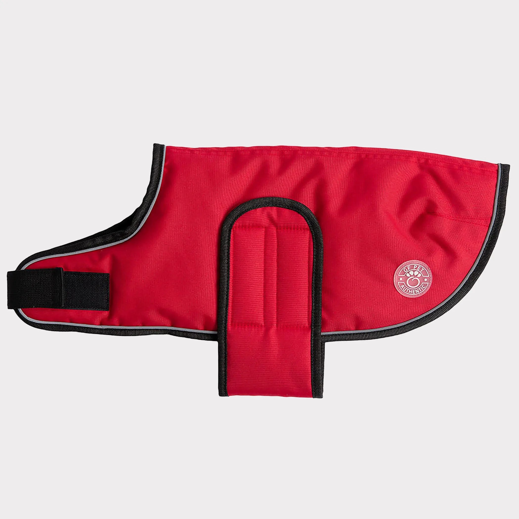 Red dog jacket with black trim