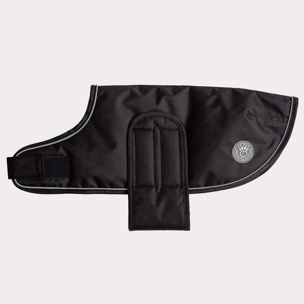 Black dog coat with GF Pet logo