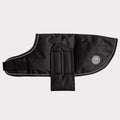 Black dog coat with GF Pet logo