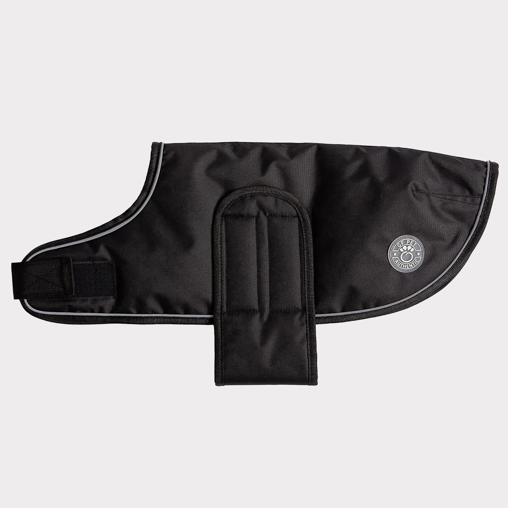 Black dog coat with GF Pet logo