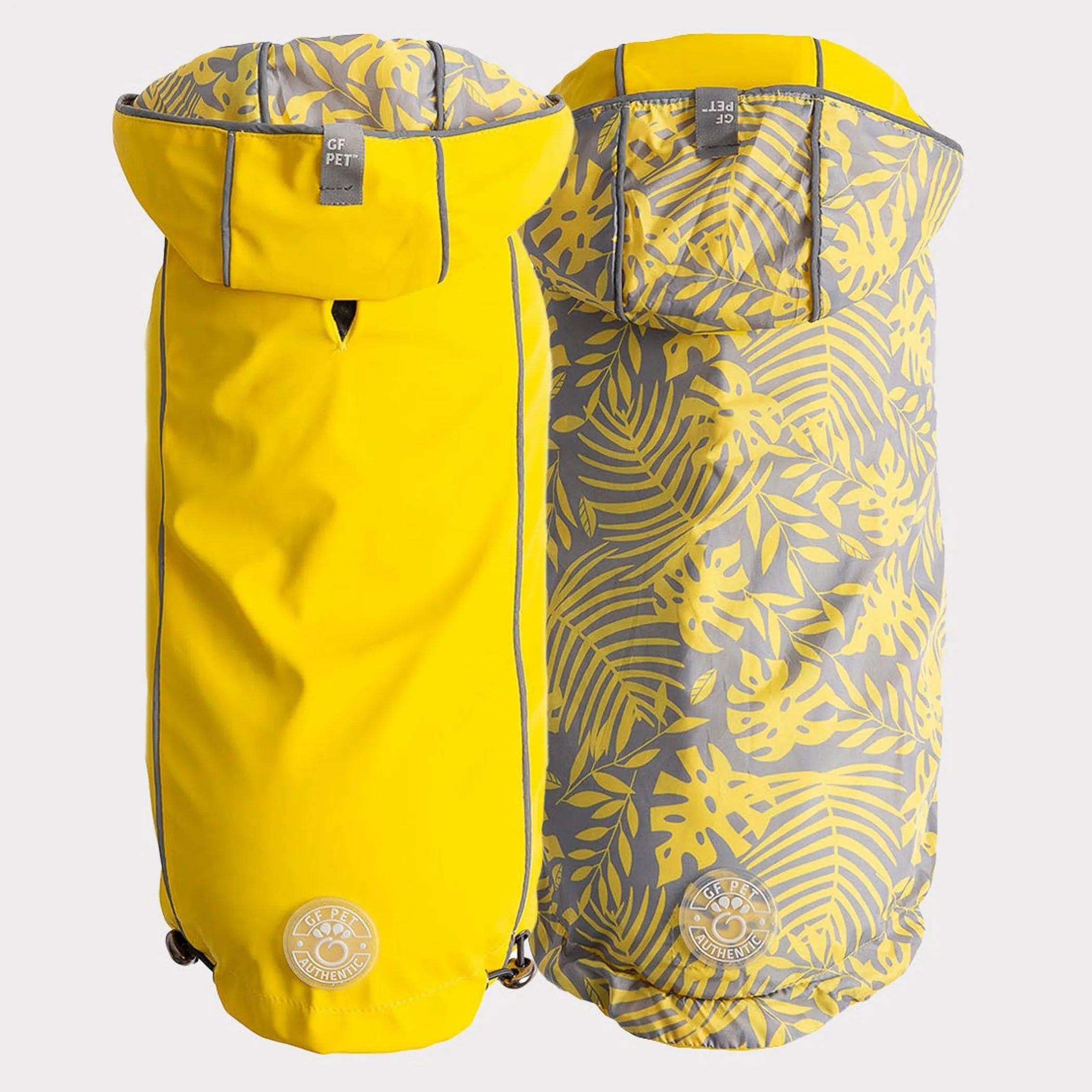 Yellow and gray reversible pet raincoat with leaf pattern 