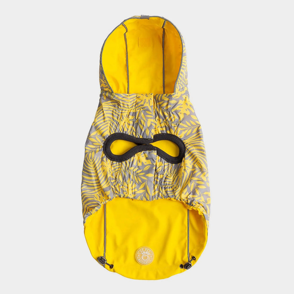 underside of Yellow and gray patterned pet raincoat with a hood