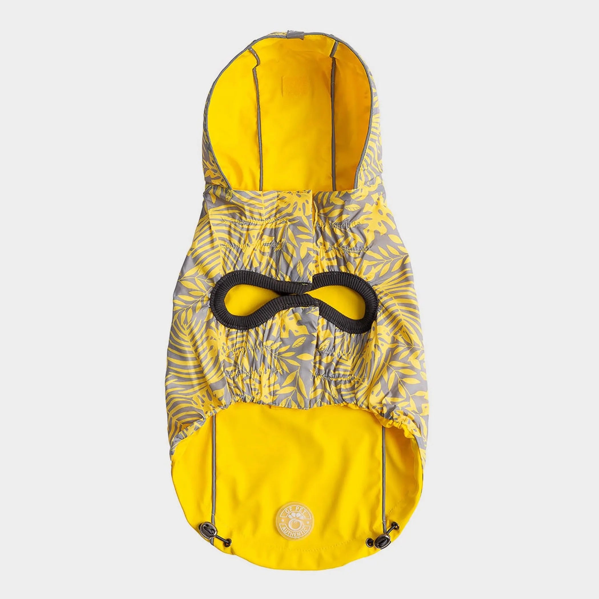 underside of Yellow and gray patterned pet raincoat with a hood