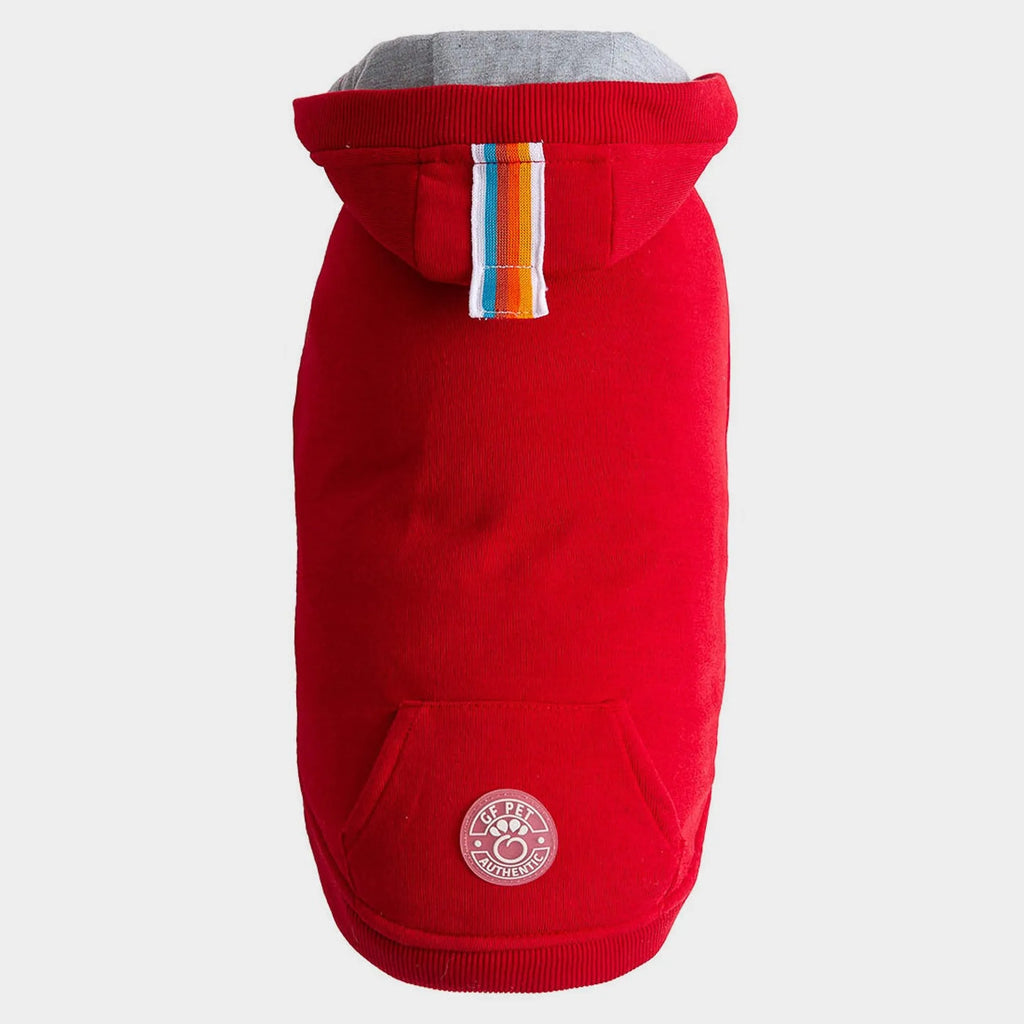 Red dog hoodie with a colorful stripe