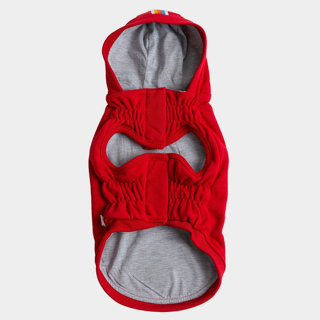 underside of red pet hoodie with gray lining