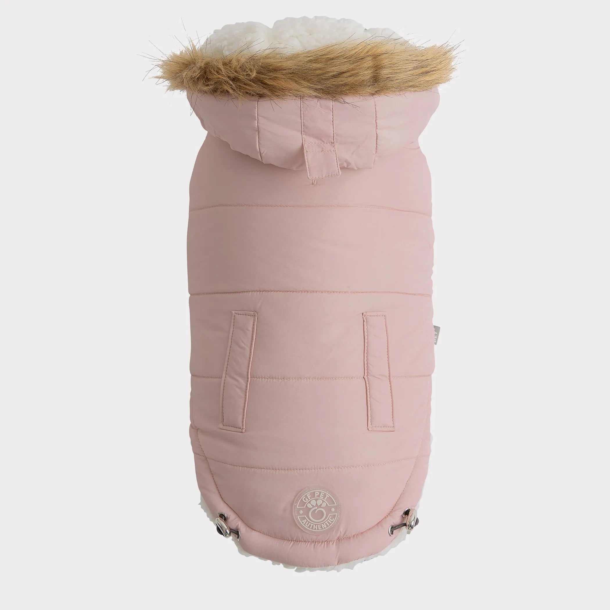 Pink dog coat with fur-lined hood