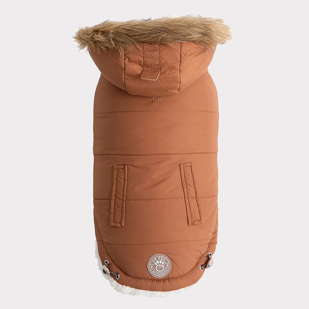 Brown dog coat with fur hood