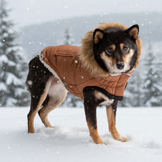 Dog wearing a brown coat with fur hood in snow