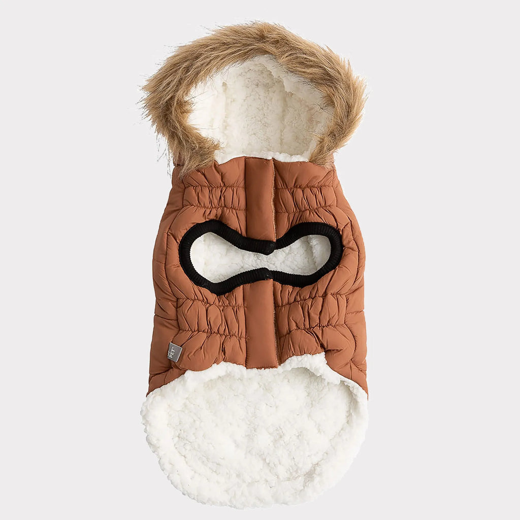 Underside of Brown dog coat with fur hood and white interior