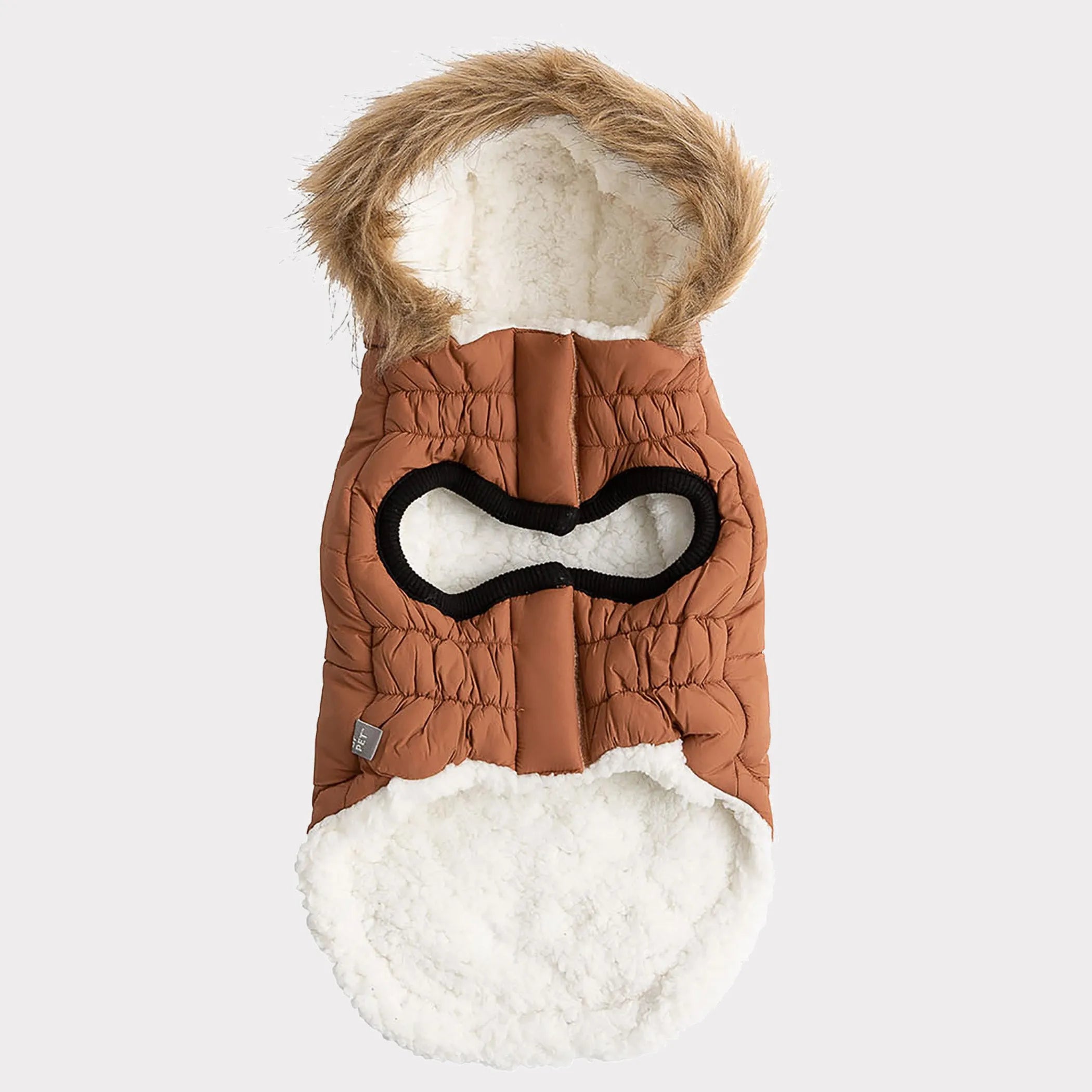 Underside of Brown dog coat with fur hood and white interior