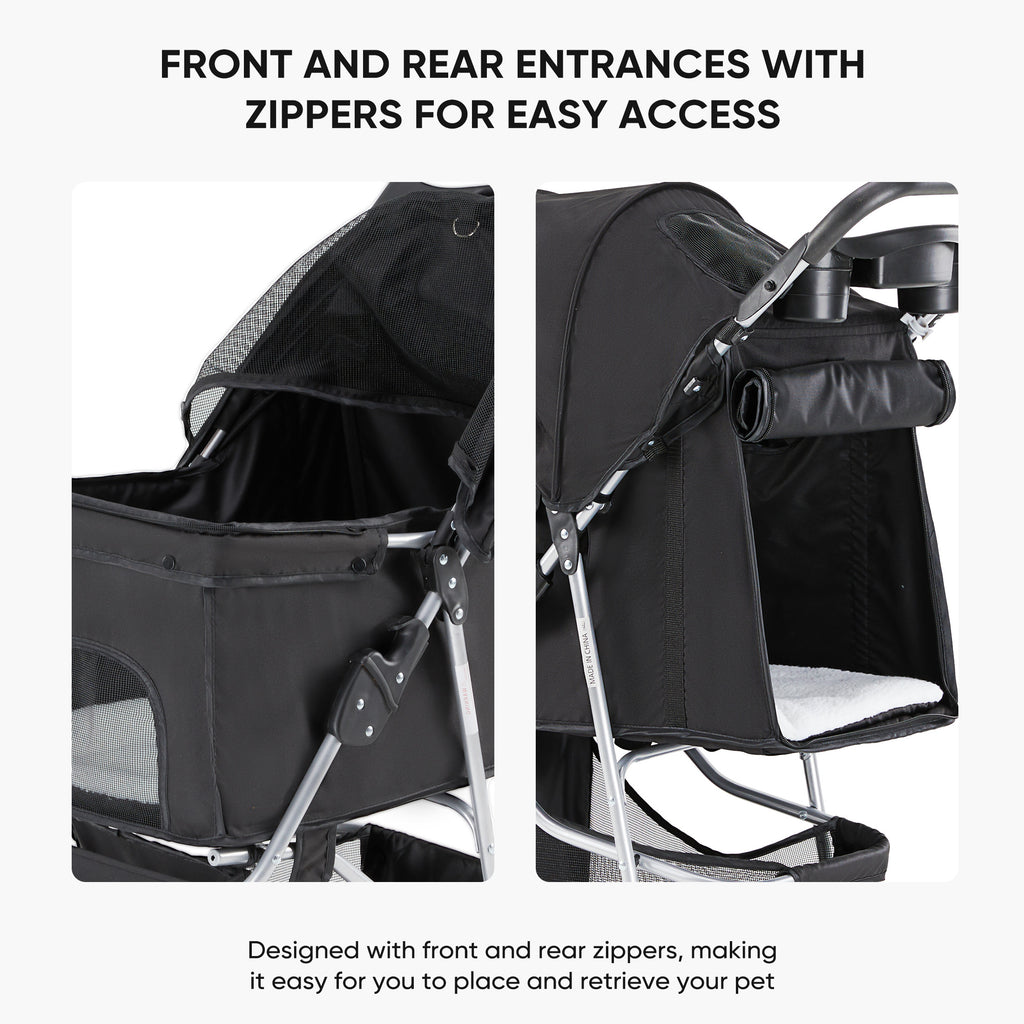 Black pet stroller with front and rear zippers for easy access 