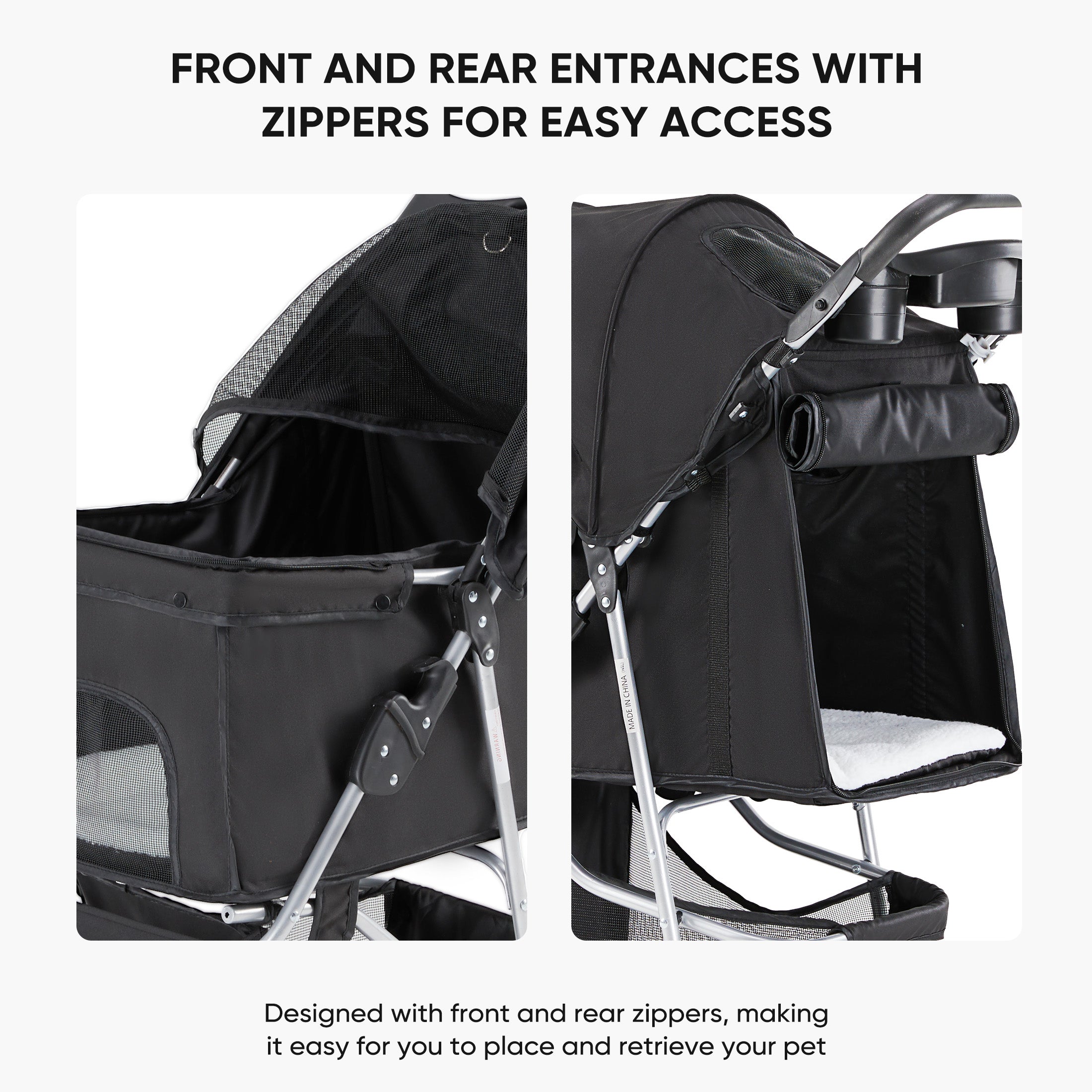 Black pet stroller with front and rear zippers for easy access 