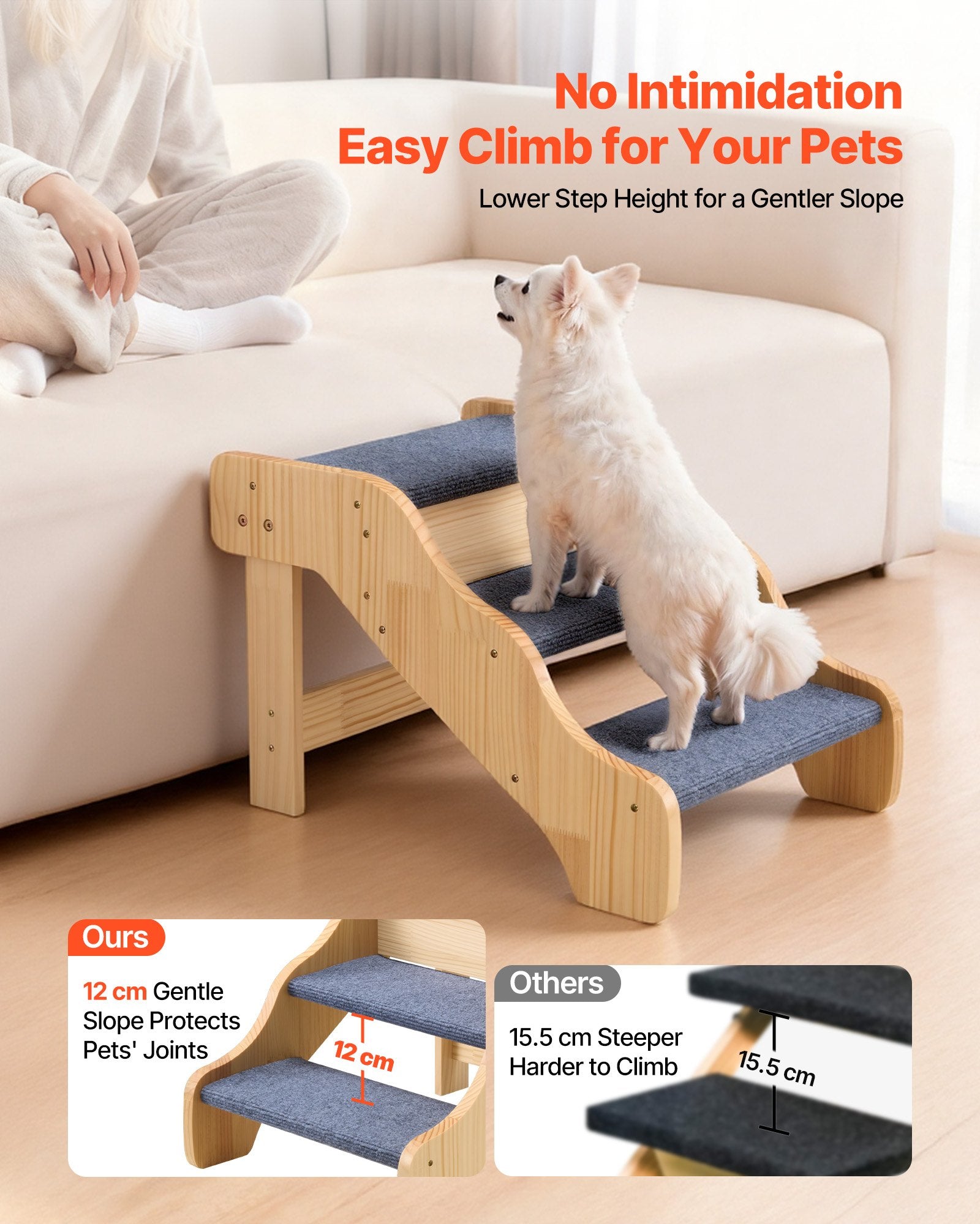 Pet stairs with a dog on it, showing ease of use and gentle slope design.