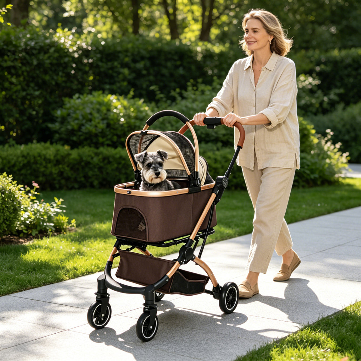 Foldable 4 Wheel Pet Stroller. Quick One-Hand Fold, Detachable Carry Basket (Brown or Black)