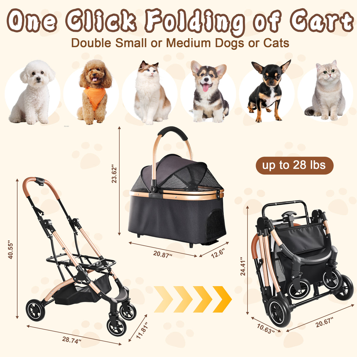 Foldable 4 Wheel Pet Stroller. Quick One-Hand Fold, Detachable Carry Basket (Brown or Black)