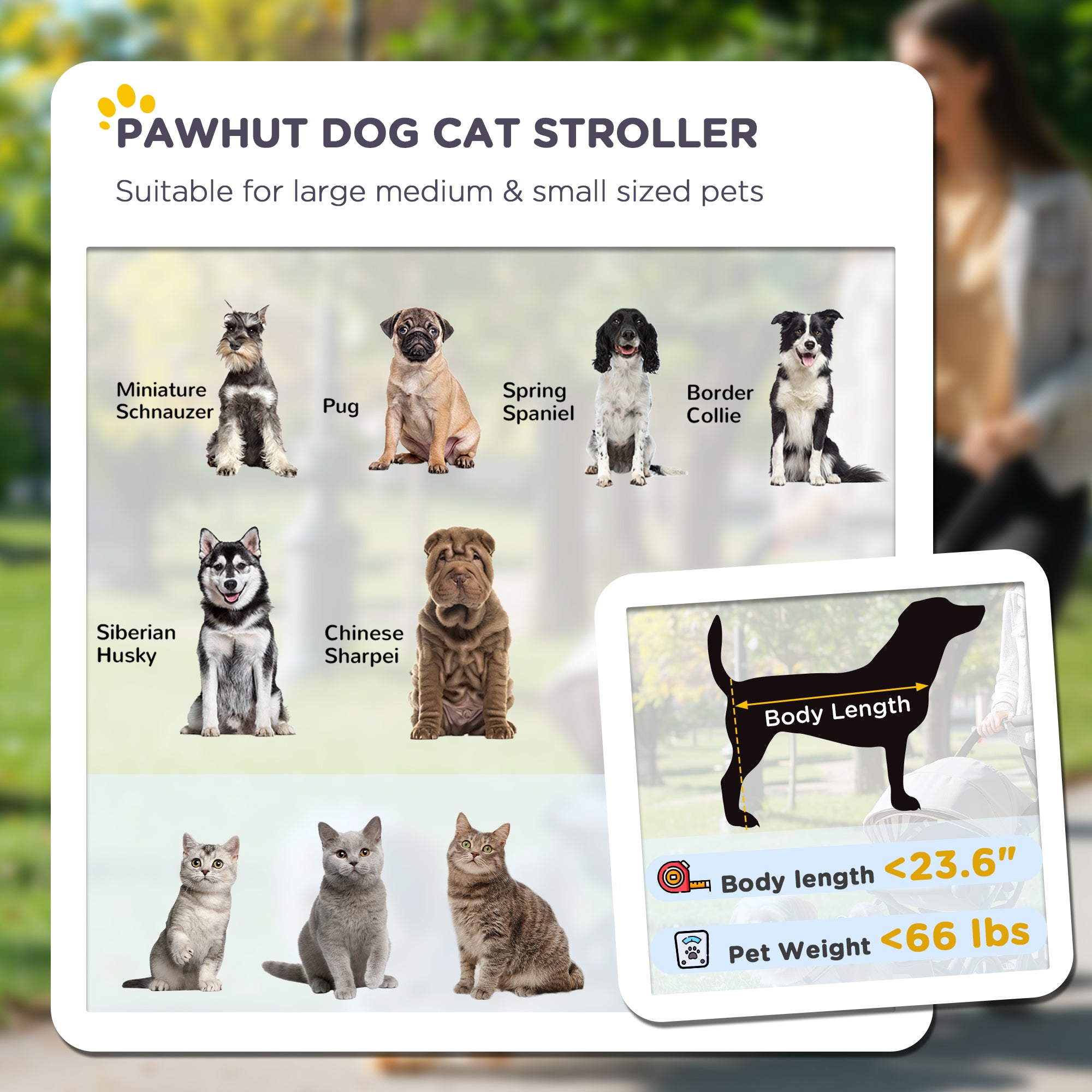 PAWHUT Dog Cat Stroller product card with pet size chart and example pets