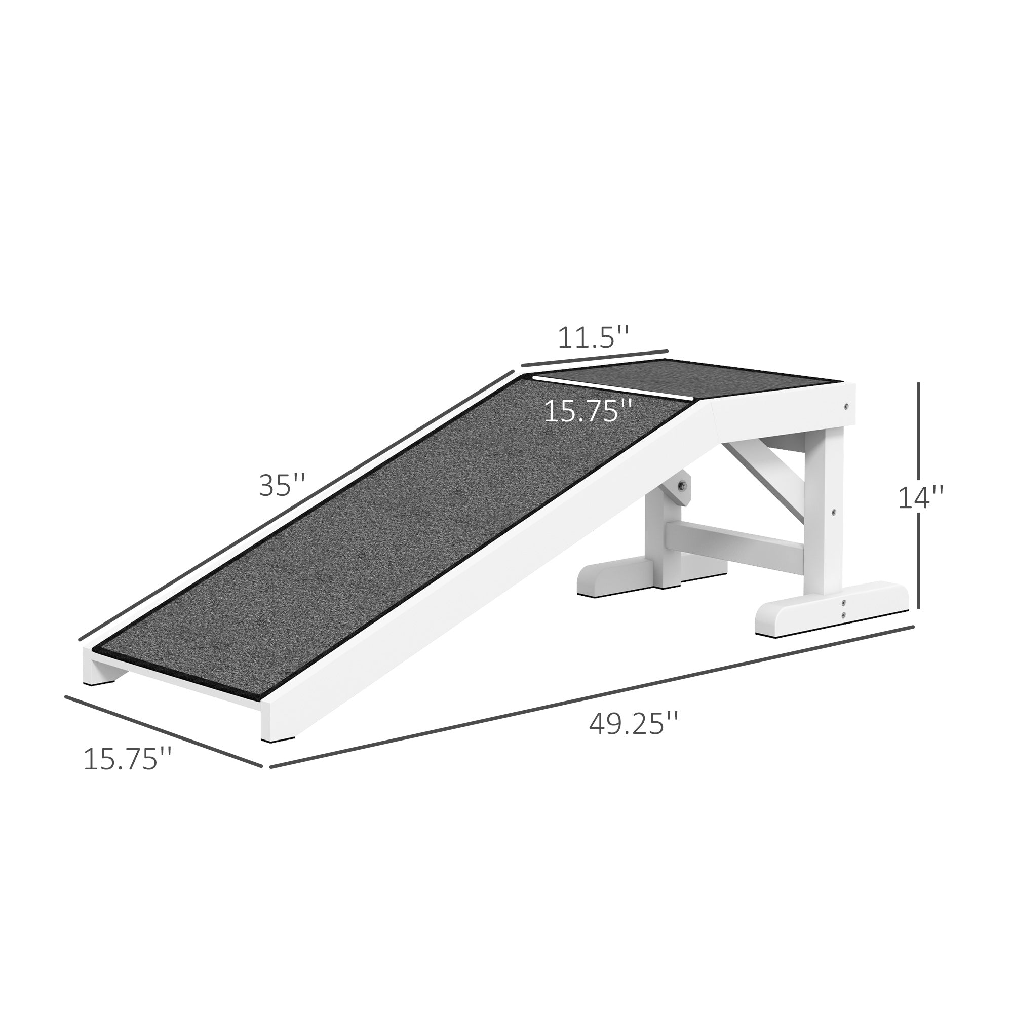 White and gray pet ramp with dimensions 