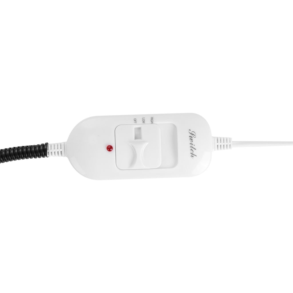 A white electric heating pad controller featuring a three-way switch, a small red indicator light, and the brand name 'Safetel' printed on the side.