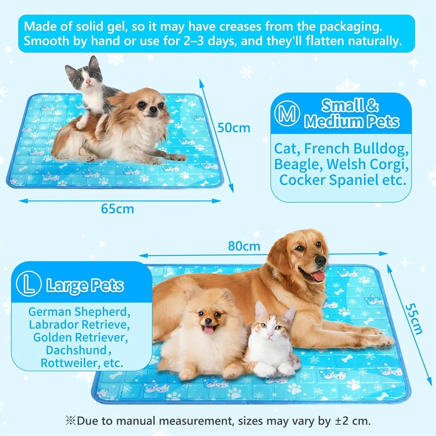 Blue gel pet mat shown with size measurements and examples of pets it fits, including a small cat and small dog also Medium Pets and Large Pets