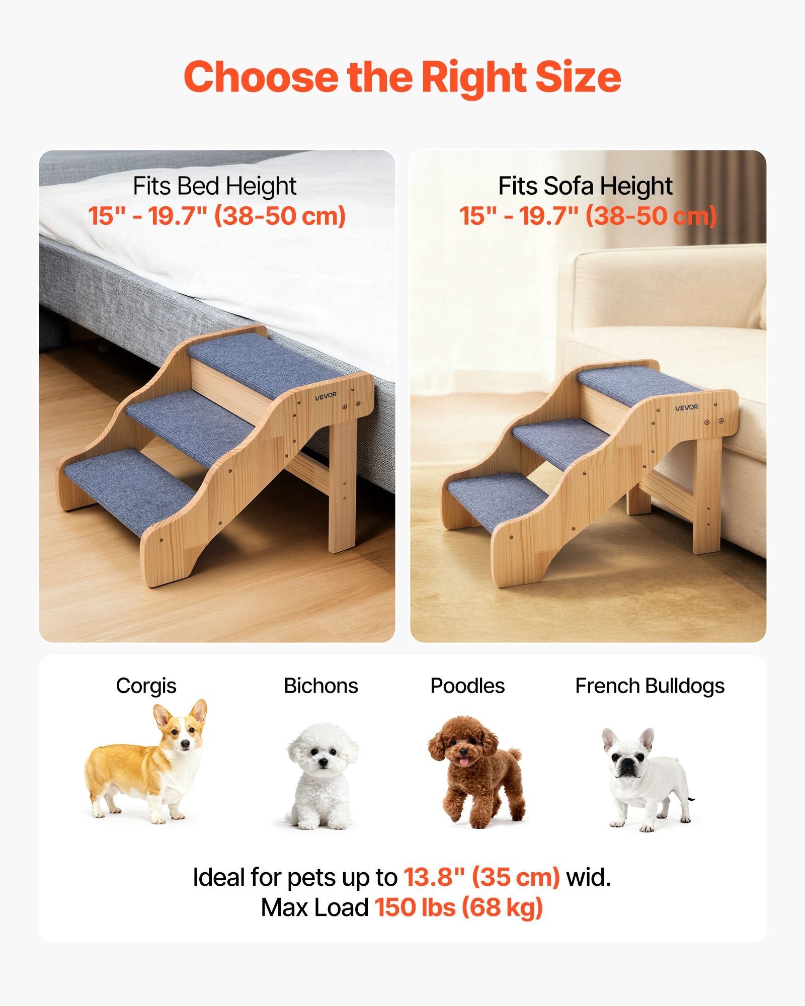 Dog steps with size chart for bed and sofa height, featuring Corgis, Bichons, Poodles, and French Bulldogs.