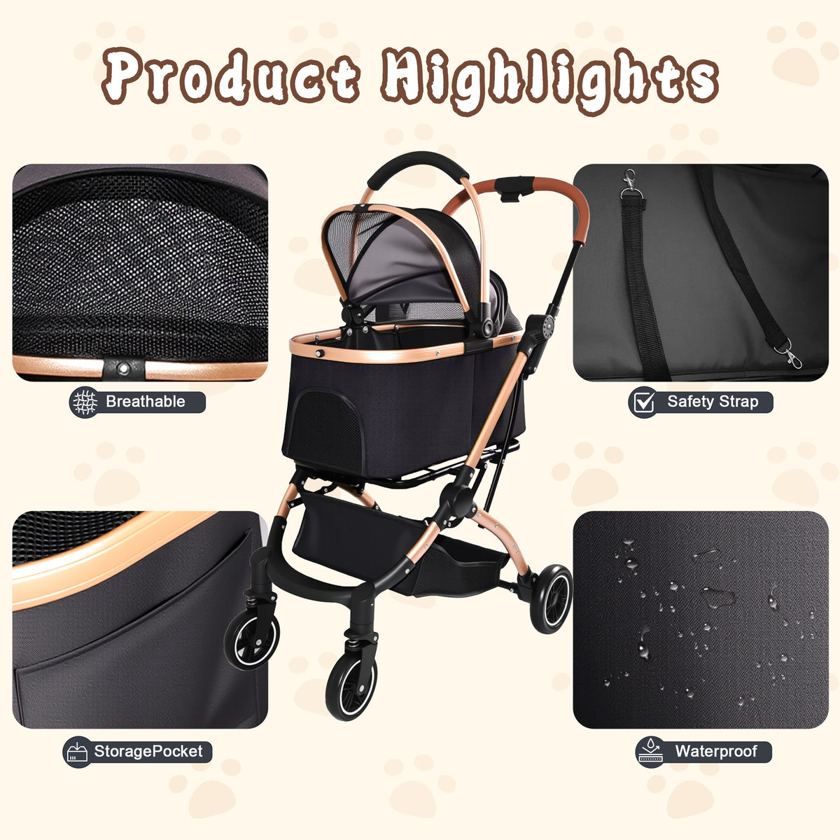Foldable 4 Wheel Pet Stroller. Quick One-Hand Fold, Detachable Carry Basket (Brown or Black)