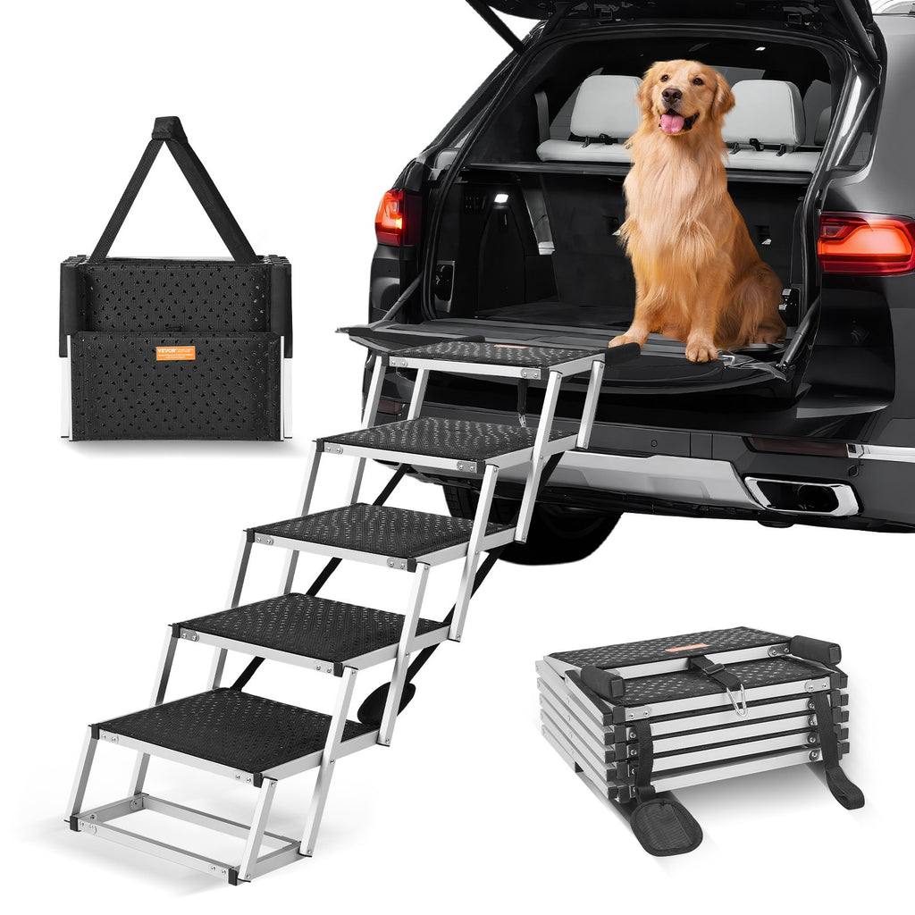 Dog using a set of folding steps to enter a car, folded version in foreground