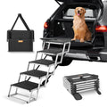 Dog using a set of folding steps to enter a car, folded version in foreground