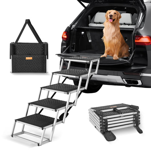 Dog using a set of folding steps to enter a car, folded version in foreground