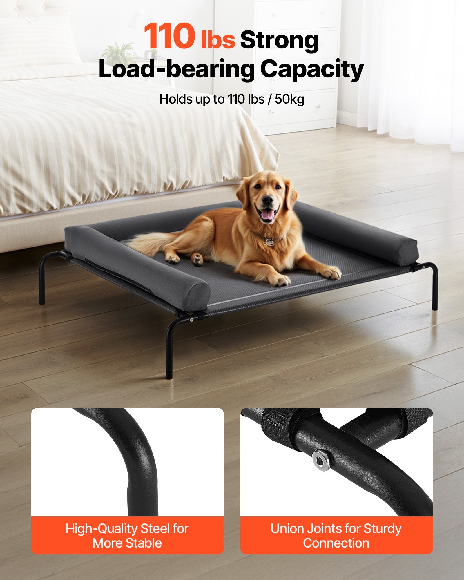 Dog lying on a black elevated pet bed with load-bearing capacity text and product details.