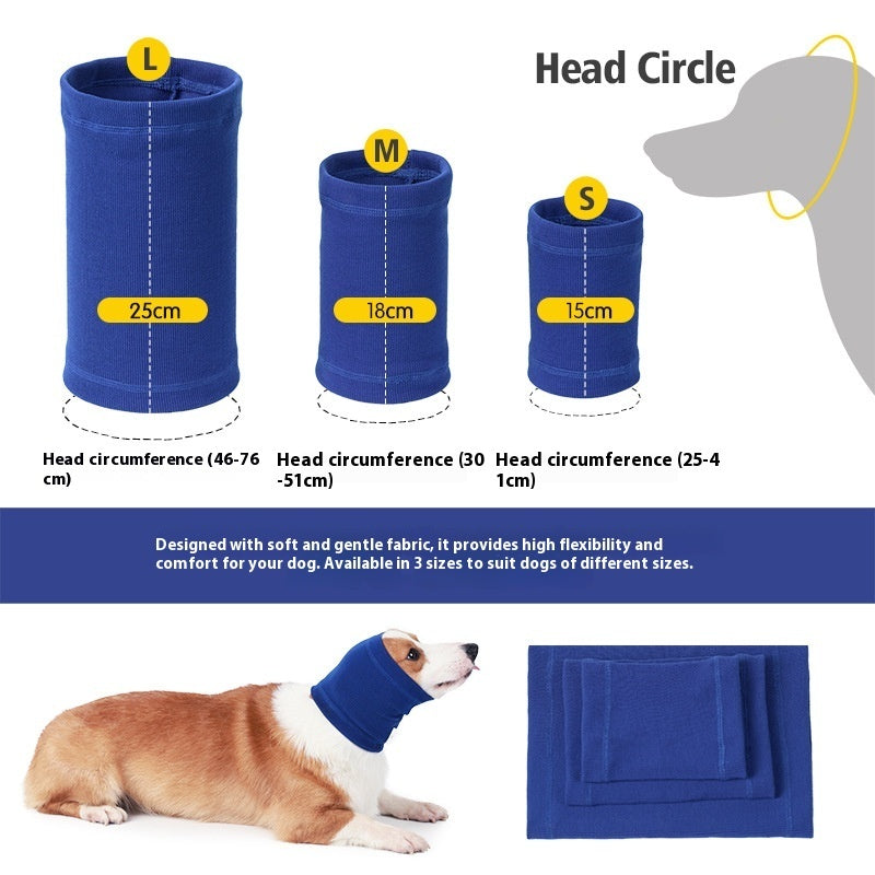 Dog wearing blue knitted neck cowl and graphics showing other sizes