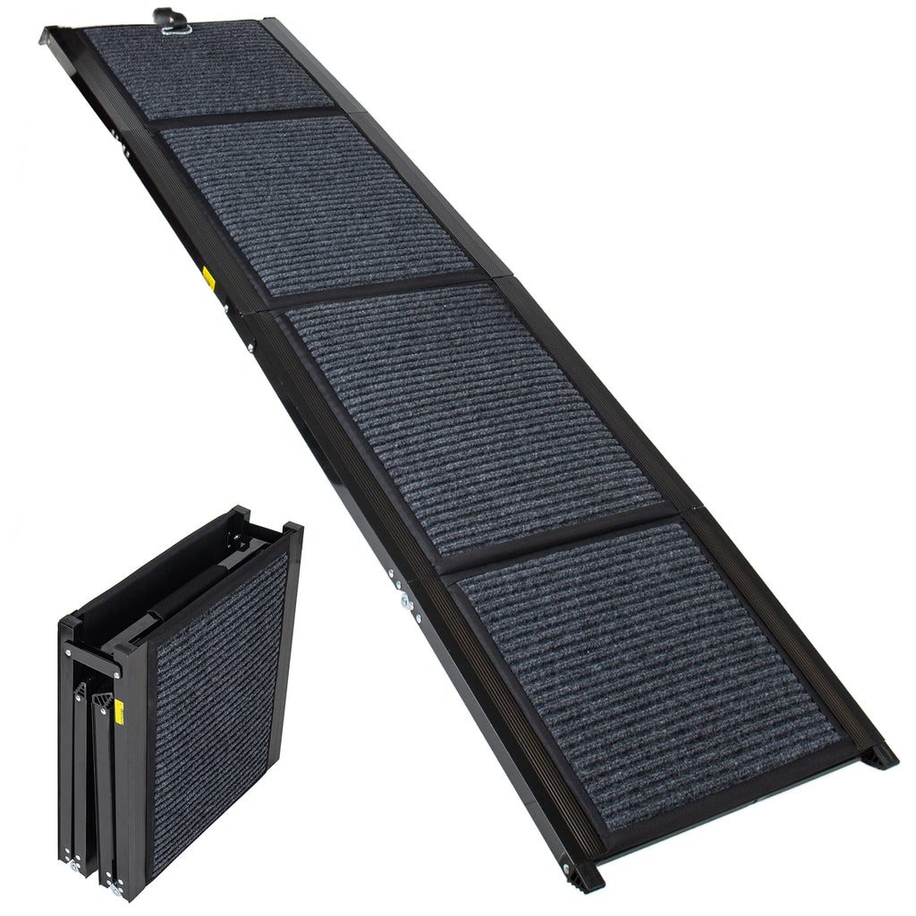 Dog ramp with textured surface shown extended and folded to manageable size