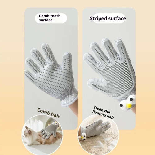 Pet grooming glove with comb and striped surfaces