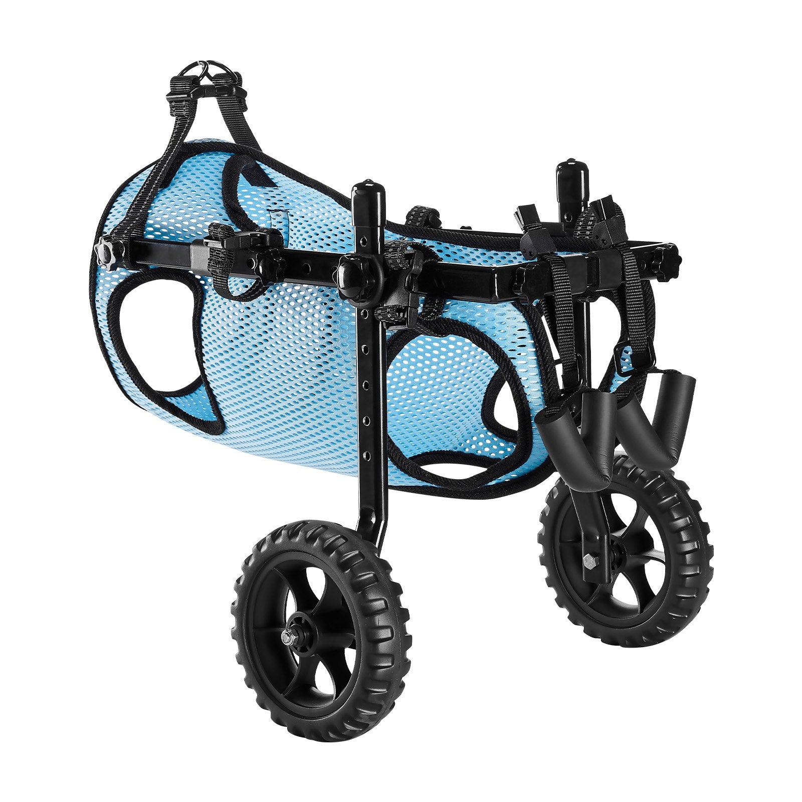 Blue pet mobility device with black wheels for dogs with rear leg problem