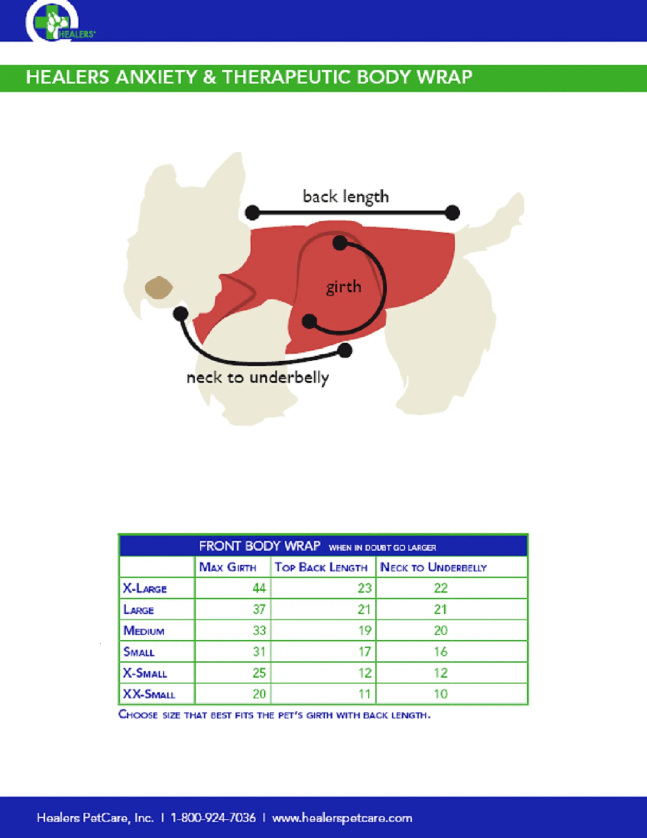 Measurement chart for a dog's body wrap with labeled parts and size guide.