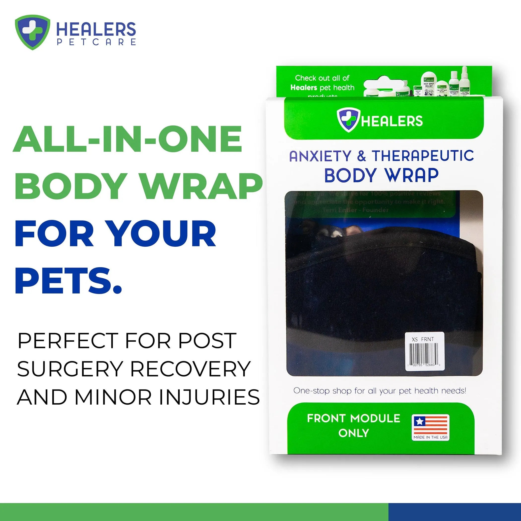 Healers Petcare anxiety and therapeutic body wrap packaging on a white background