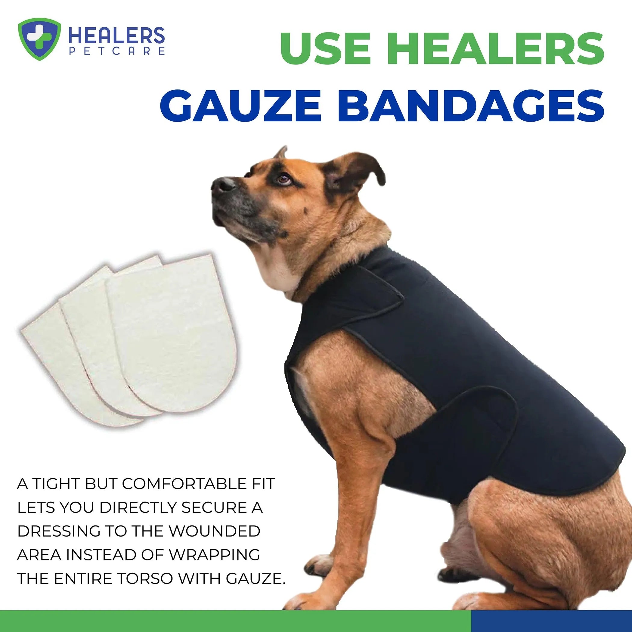 Dog wearing a black bandage with Healers Petcare branding and text about gauze bandages.