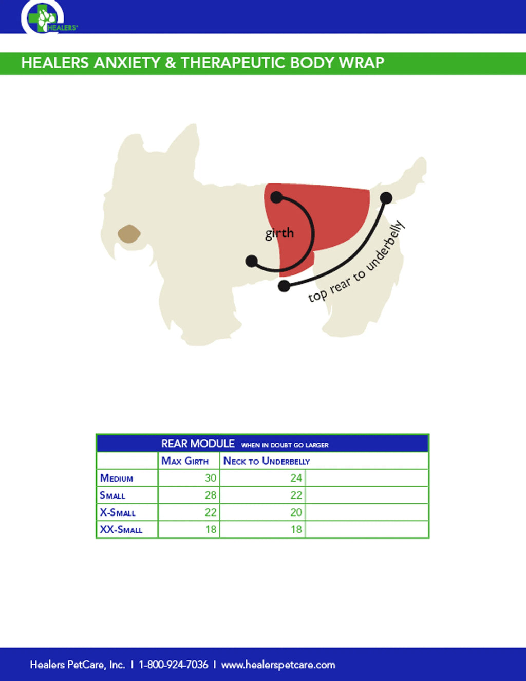 Healers Anxiety & Therapeutic Body Wrap for dogs with a diagram and size chart