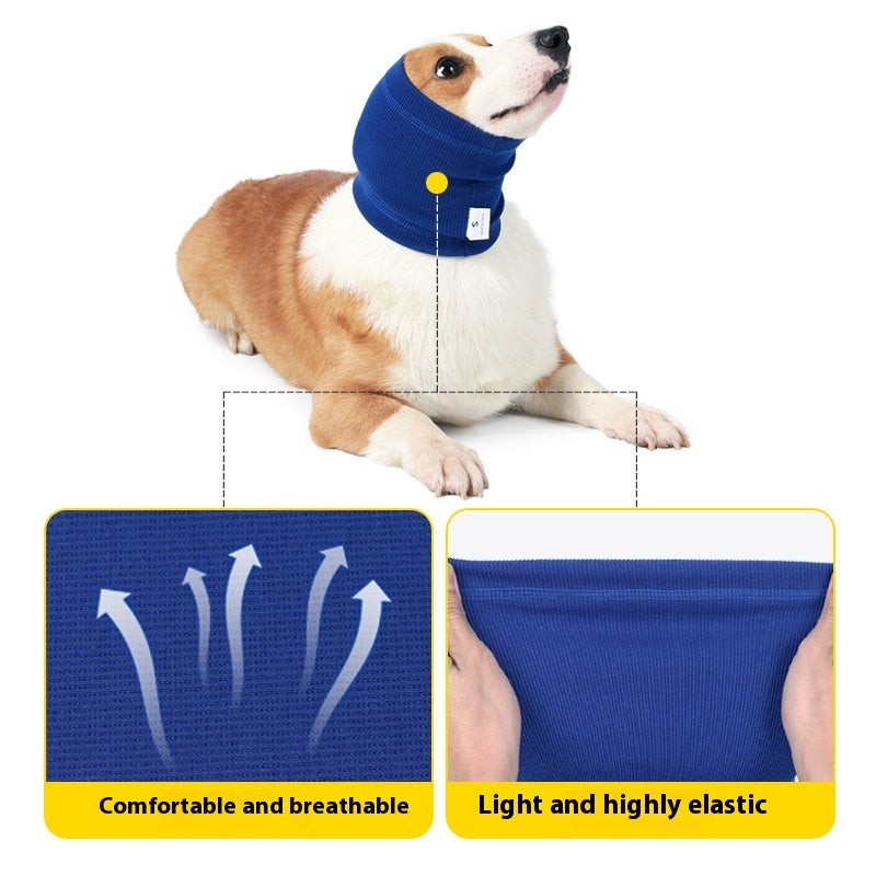 Dog wearing a blue neck wrap with text highlighting comfort and elasticity