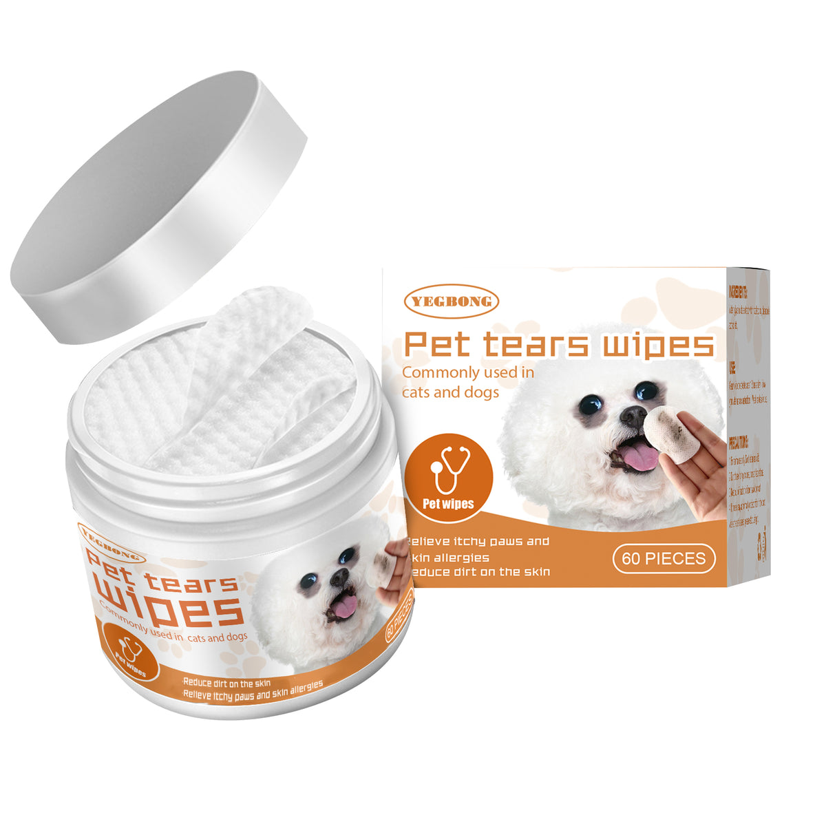 Yegbong Pet Tears Wipes packaging with a jar of wipes and a box 