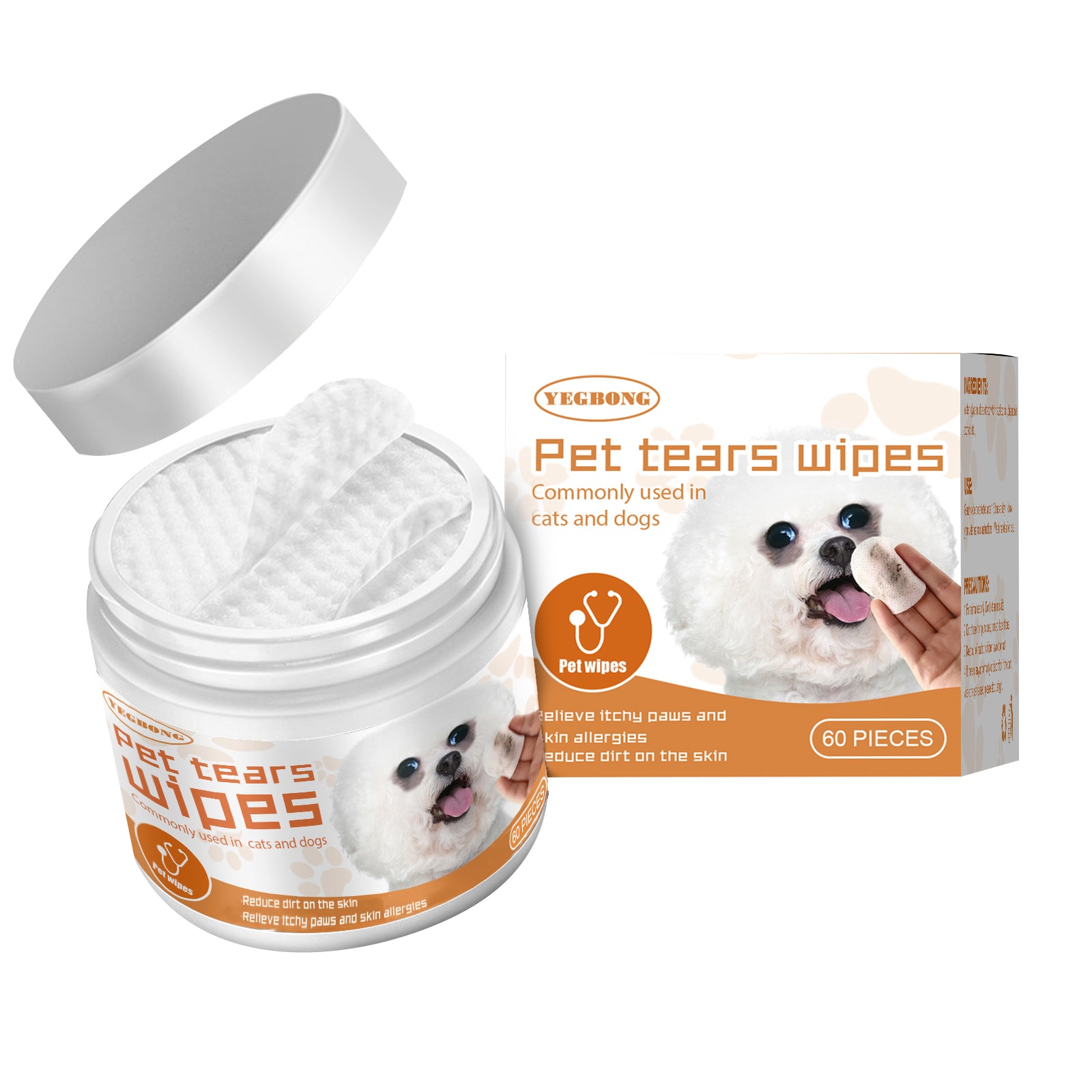 Yegbong Pet Tears Wipes packaging with a jar of wipes and a box 